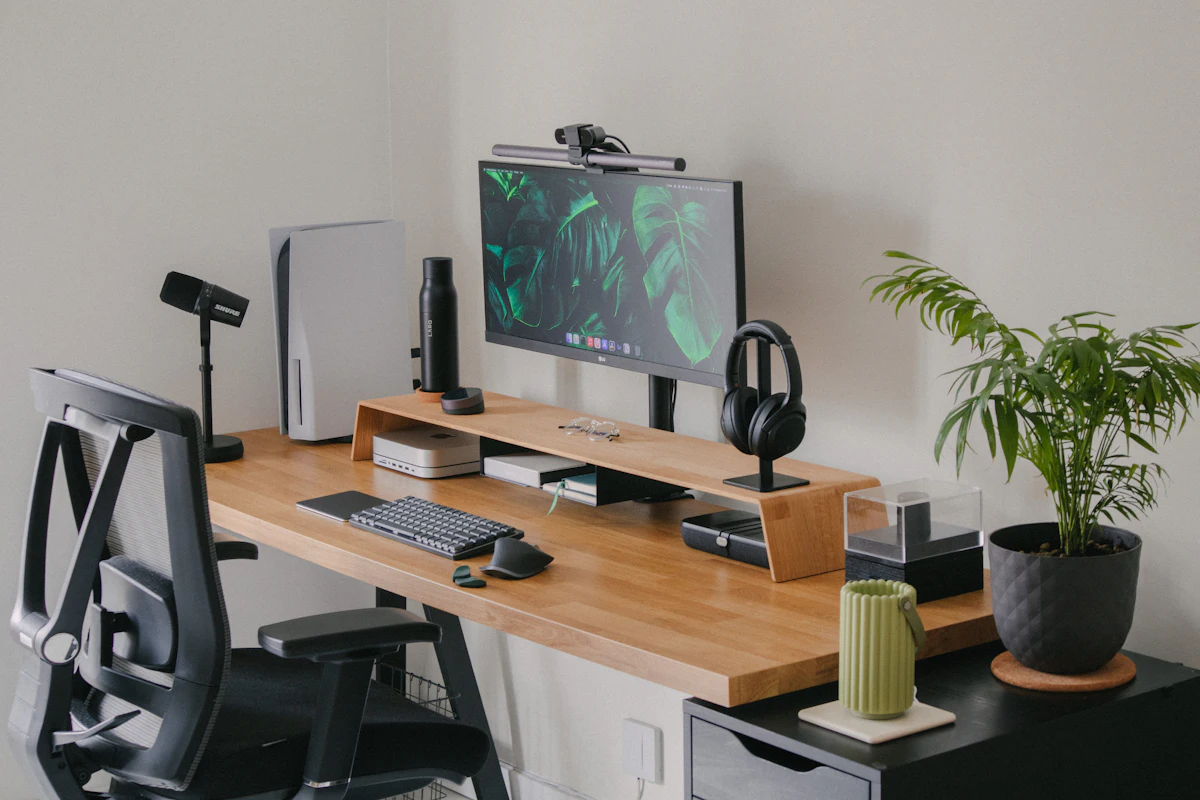 Bureau met Windows 11 pc en monitor om IPTV te kijken